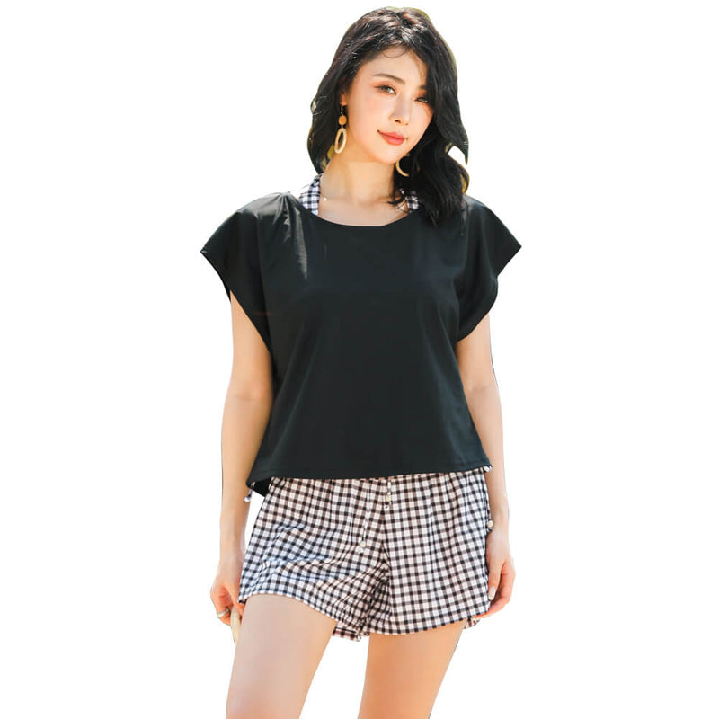 【タンキニ水着4点セット】レディース 体型カバー Tシャツ ラッシュガード 半袖  セパレート ノンワイヤー ホルターネック ショートパンツ