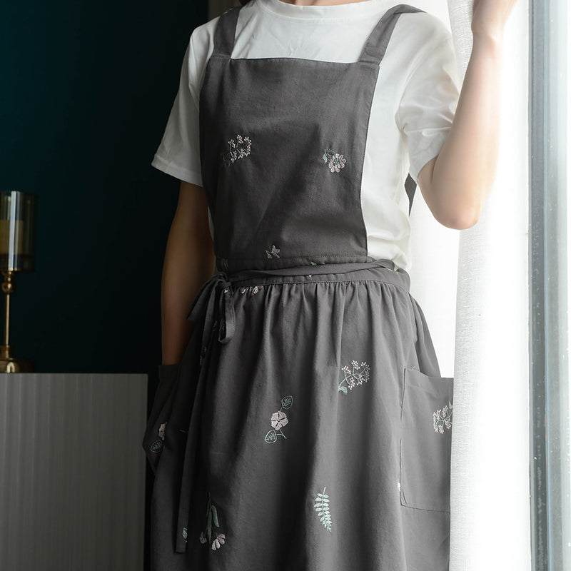 韓国版ins刺繍レトロ花芸作業服綿キッチンエプロンネイルポケット付き綿麻防水エプロン