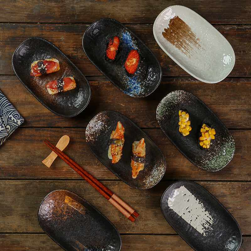 日本式創意皿楕円形刺身寿司皿焼肉皿高温陶磁器軽食凉菜皿商用食器