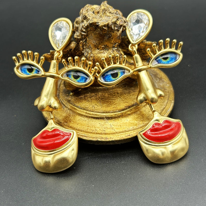 中古ヴィンテージ西洋レトロ赤唇鼻眼マーキング耳飾り925銀針メッキ真金立体感デザインオシャレピアス