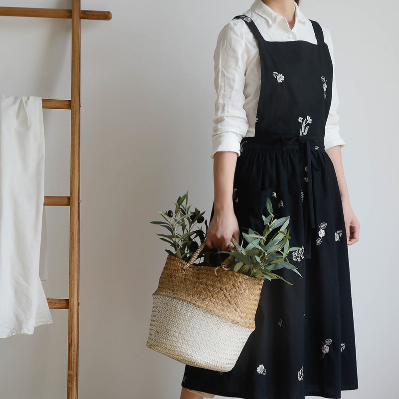韓国版ins刺繍レトロ花芸作業服綿キッチンエプロンネイルポケット付き綿麻防水エプロン