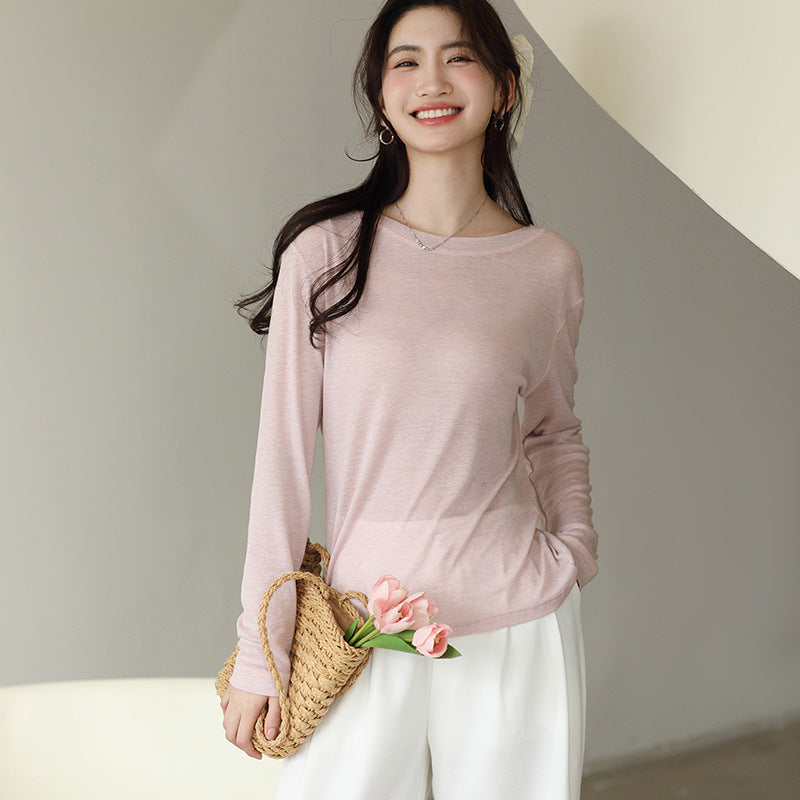 糸ライセルカーディガン女性春夏インナー丸首ブラウス長袖tシャツ微透外着ニット下着