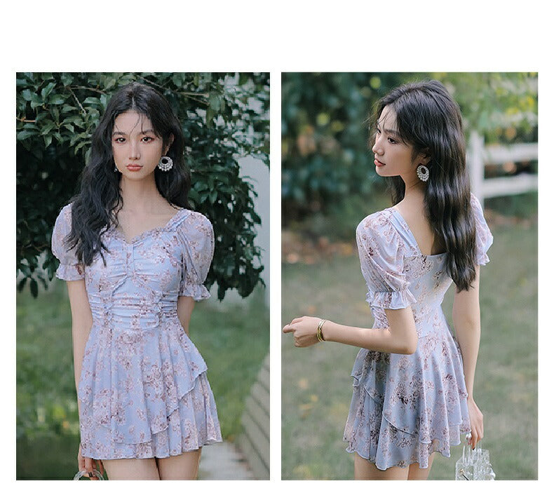 【ワンピース水着】レディース 体型カバー オールインワン  大きいサイズ ノンワイヤー フリル フレアスカート 袖付 花柄 露出控えめ 10/20/30代 大人 女性用 小胸水着 盛れる お洒落 おしゃれ 可愛い セクシー ママ水着
