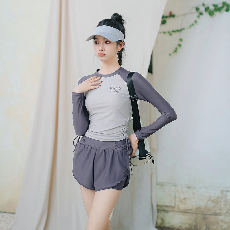 【フィットネス水着2点セット】レディース 体型カバー 長袖 トップス ショートパンツ 短パン セパレート 大きいサイズ ノンワイヤー 20/30/40/50代 ミセス 水泳 ジム ヨガ 運動用 プール スイミング 無地 可愛い ぽっちゃり カバーアップ 露出控えめ ママ水着