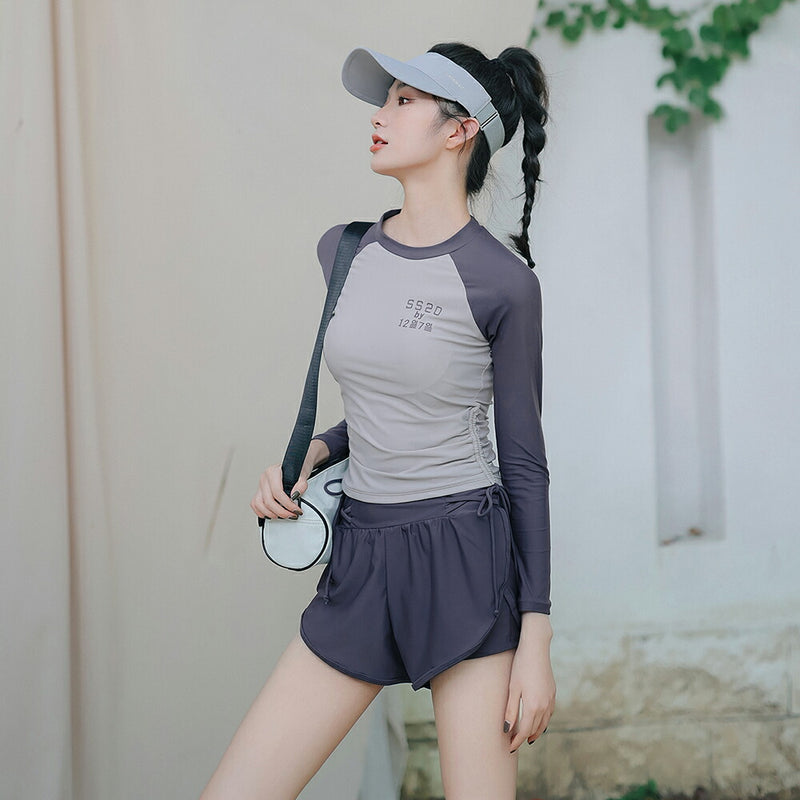 【フィットネス水着2点セット】レディース 体型カバー 長袖 トップス ショートパンツ 短パン セパレート 大きいサイズ ノンワイヤー 20/30/40/50代 ミセス 水泳 ジム ヨガ 運動用 プール スイミング 無地 可愛い ぽっちゃり カバーアップ 露出控えめ ママ水着
