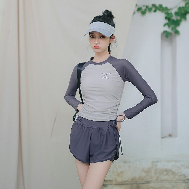 【フィットネス水着2点セット】レディース 体型カバー 長袖 トップス ショートパンツ 短パン セパレート 大きいサイズ ノンワイヤー 20/30/40/50代 ミセス 水泳 ジム ヨガ 運動用 プール スイミング 無地 可愛い ぽっちゃり カバーアップ 露出控えめ ママ水着