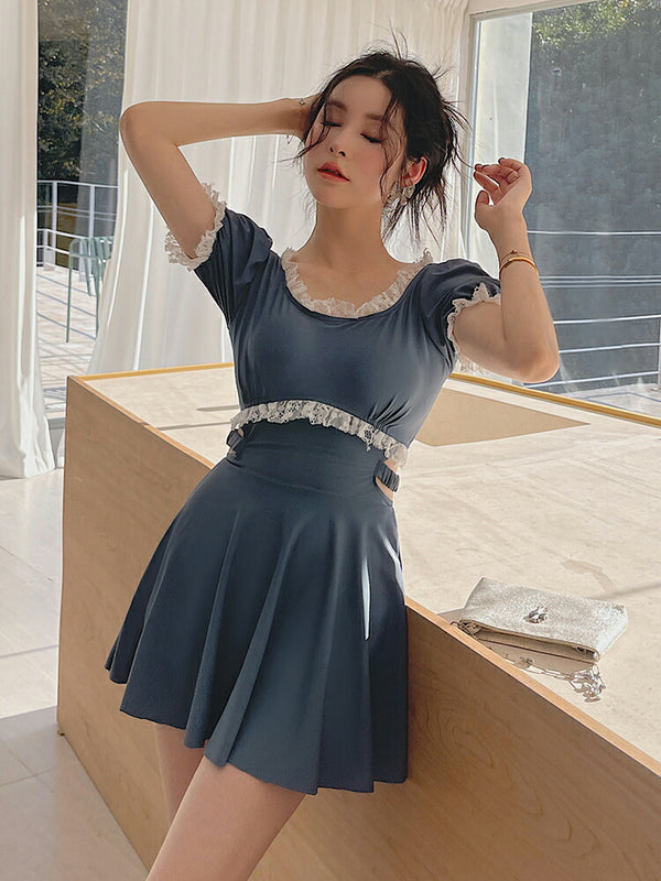 【ワンピース水着】レディース 体型カバー オールインワン 大きいサイズ 袖付き ノンワイヤー フリル フレアスカート シアー  露出控えめ 10/20/30代 大人 女性用 小胸水着 盛れる お洒落 おしゃれ 可愛い セクシー ママ水着