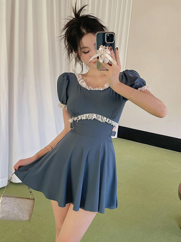 【ワンピース水着】レディース 体型カバー オールインワン 大きいサイズ 袖付き ノンワイヤー フリル フレアスカート シアー  露出控えめ 10/20/30代 大人 女性用 小胸水着 盛れる お洒落 おしゃれ 可愛い セクシー ママ水着