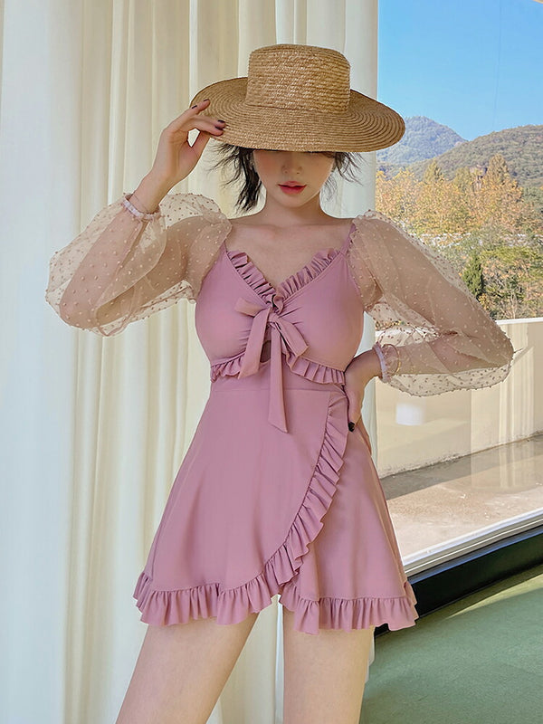 【ワンピース水着2点セット】レディース 体型カバー 大きいサイズ 長袖 ノンワイヤー フリル フレアスカート ボクサーパンツ シアー  露出控えめ 10/20/30代 大人 女性用 小胸水着 盛れる お洒落 おしゃれ 可愛い セクシー ママ水着