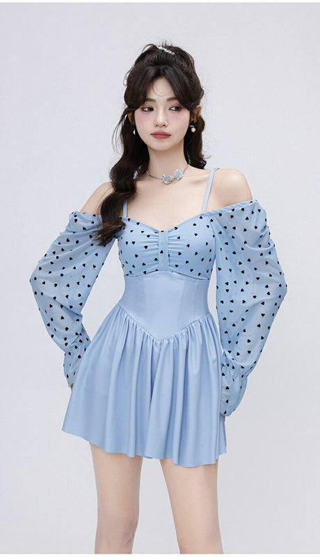 【ワンピース水着】レディース 体型カバー オールインワン 大きいサイズ 長袖 ノンワイヤー フリル フレアスカート ハート 露出控えめ 10/20/30/40代 大人 女性用 小胸水着 盛れる お洒落 おしゃれ 可愛い セクシー ママ水着