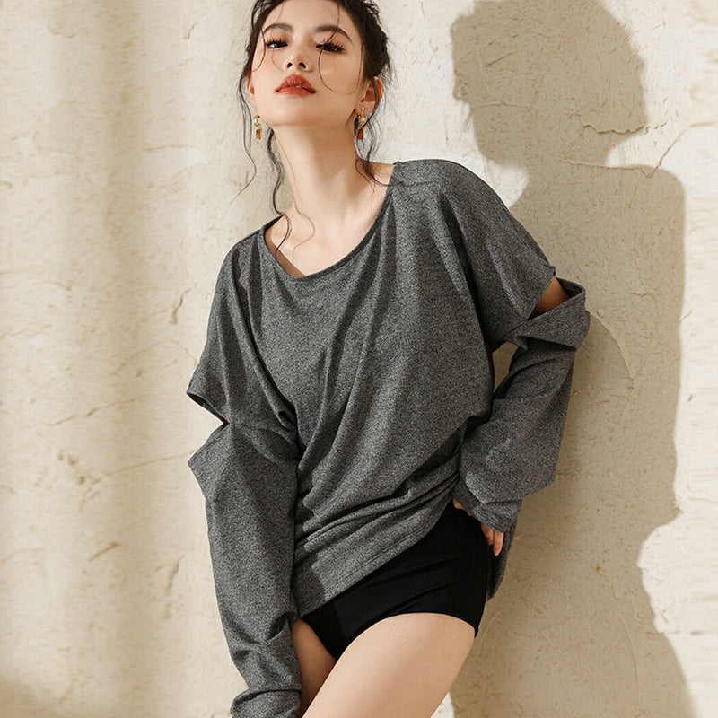 【タンキニ水着4点セット】レディース 体型カバー 長袖アウター Tシャツ ラッシュガード セパレート ビキニ 袖カット ボタン付 ショートパンツ キャミソール ショートパンツ 大きいサイズ  無地 小胸 盛れる お腹/太もも/お尻 露出控えめ 女子 ママ ぽっちゃり お洒落