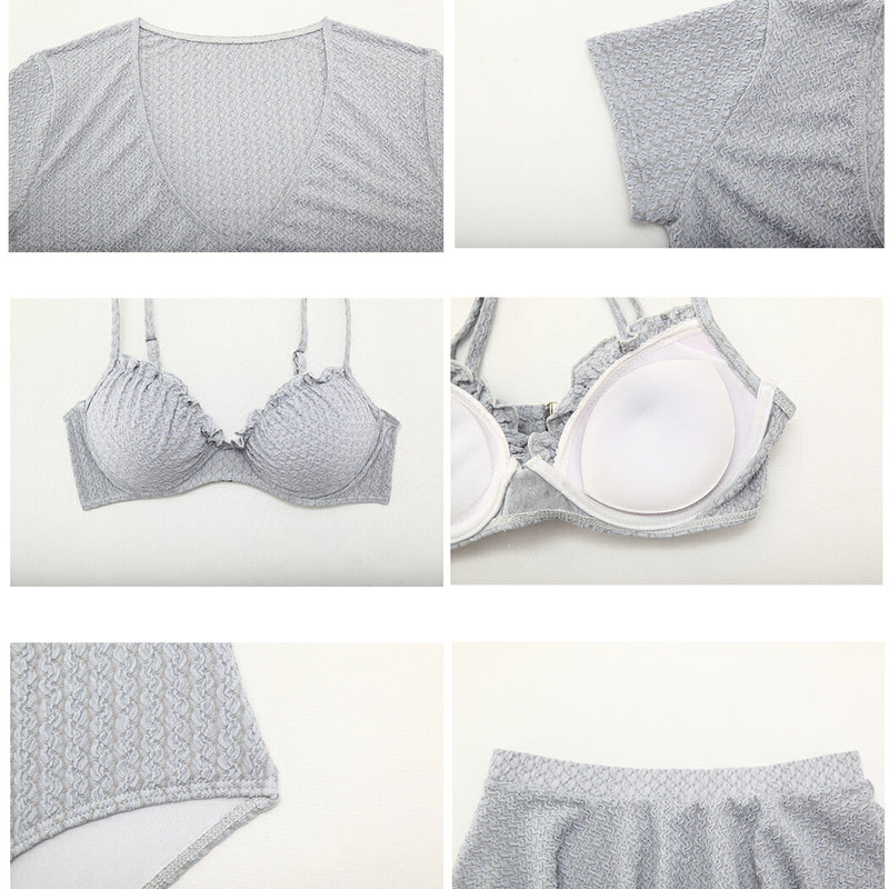 【ビキニ水着4点セット】レディース 体型カバー 袖 アウター リボン トップス セパレート フリルブラ ワイヤー入り フレアスカート 大きいサイズ  無地 小胸 盛れる お腹/太もも/お尻 露出控えめ 女子 ママ ぽっちゃり お洒落  セクシー 可愛い
