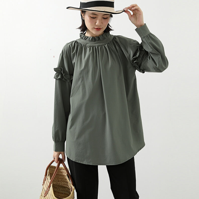 【ラッシュガード】レディース 水着 体型カバー 長袖 ロングTシャツ アウター ゆったりめ スリットデザイン フリル ギャザー 20/30/40/50代 無地 黒 二の腕/お腹/太もも/お尻 露出控えめ 女子 ママ ぽっちゃり お洒落 UVカット UPF50+ 水陸両用