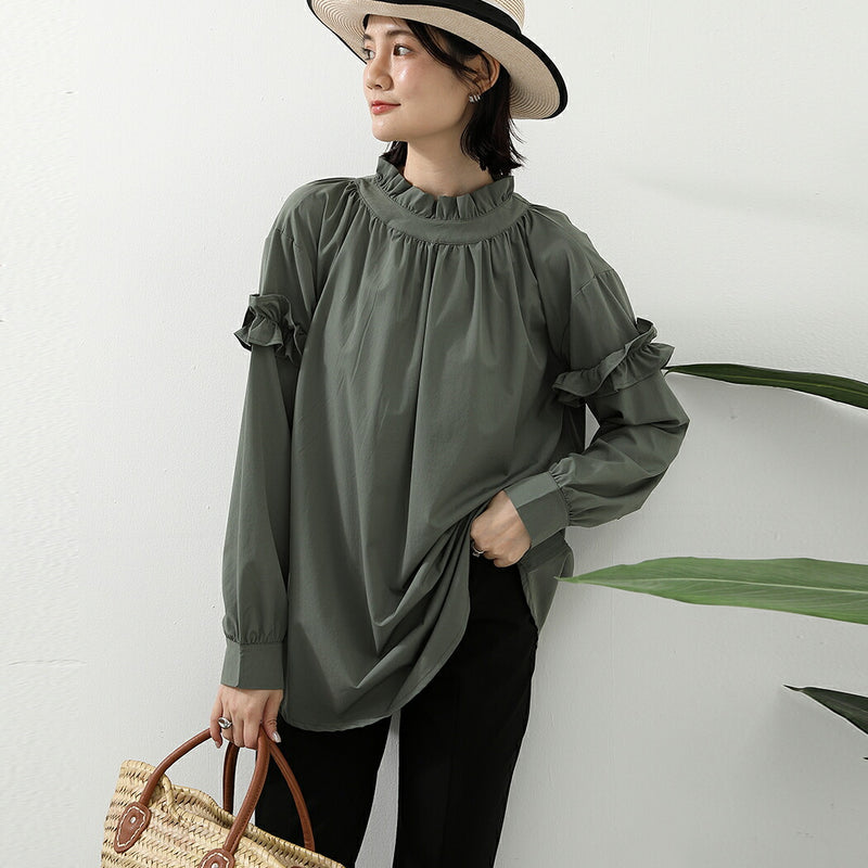 【ラッシュガード】レディース 水着 体型カバー 長袖 ロングTシャツ アウター ゆったりめ スリットデザイン フリル ギャザー 20/30/40/50代 無地 黒 二の腕/お腹/太もも/お尻 露出控えめ 女子 ママ ぽっちゃり お洒落 UVカット UPF50+ 水陸両用