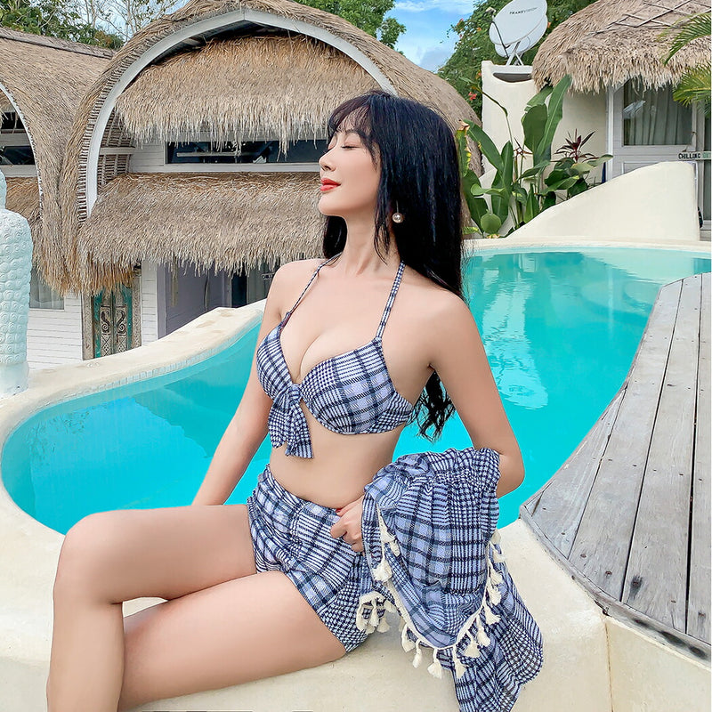 水着 レディース 体型カバー  ビキニ セパレート ワイヤー入りブラ上下3点セット 無地 チェック柄 グレー」ロンパースワンピースアウター付 カジュアル 大人 かっこいい かわいい きれい 女性 大人 大きいサイズ M L LL 露出控え 海 ビーチ UPF50+