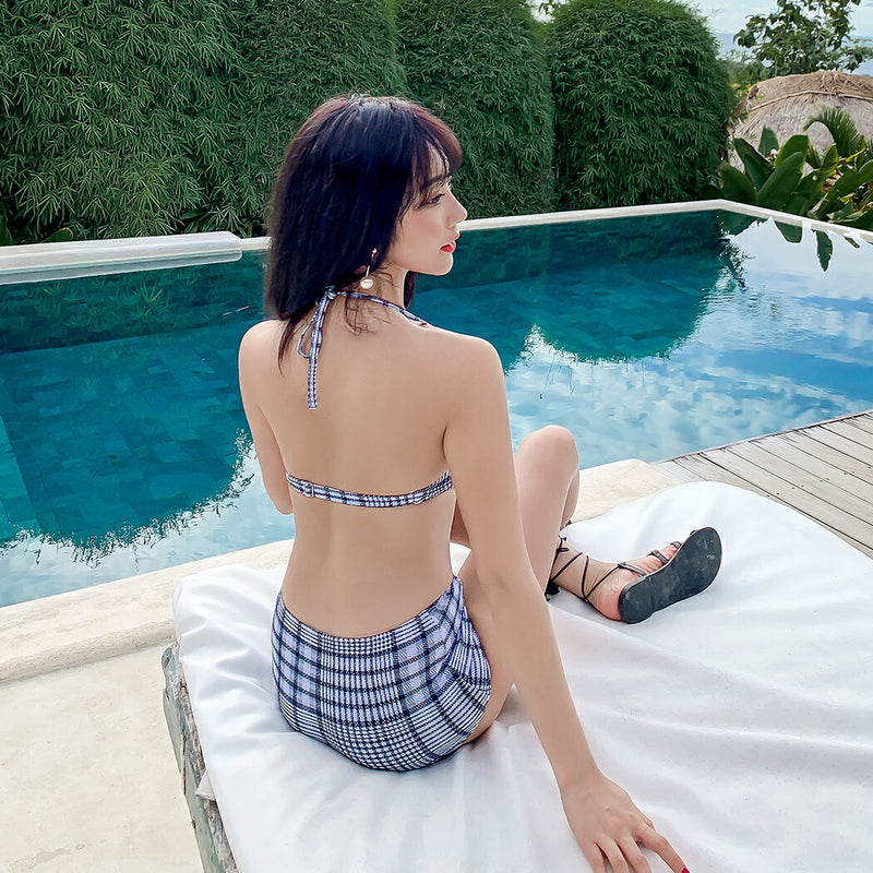 水着 レディース 体型カバー  ビキニ セパレート ワイヤー入りブラ上下3点セット 無地 チェック柄 グレー」ロンパースワンピースアウター付 カジュアル 大人 かっこいい かわいい きれい 女性 大人 大きいサイズ M L LL 露出控え 海 ビーチ UPF50+