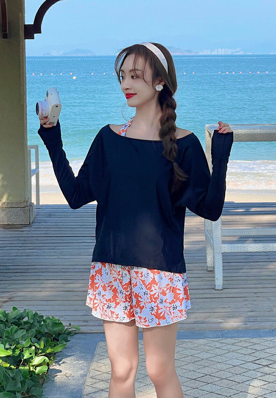 水着 レディース タンキニ ラッシュガード ショートパンツ ショーツ 上下4点セット ノンワイヤー パット入り ブラック 黒 オレンジ M L LL 大きいサイズ 露出控え 体型カバー UVカット  サイドリボン 長袖 花柄 無地 海 プールリゾート