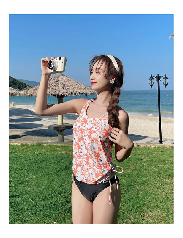 水着 レディース タンキニ ラッシュガード ショートパンツ ショーツ 上下4点セット ノンワイヤー パット入り ブラック 黒 オレンジ M L LL 大きいサイズ 露出控え 体型カバー UVカット  サイドリボン 長袖 花柄 無地 海 プールリゾート