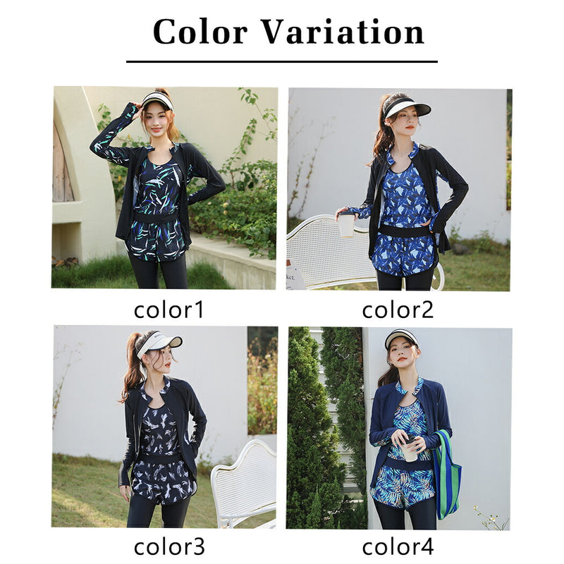 【フィットネス水着5点セット】レディース 体型カバー 長袖 ラッシュガード タンキニ 短パン レギンス セパレート 大きいサイズ 20/30/40/50代 ミセス 黒  無地 小胸 盛れる 二の腕/お腹/太もも/お尻 露出控えめ 女子 ママ水着 ぽっちゃり お洒落 UVカット率99% UPF50+