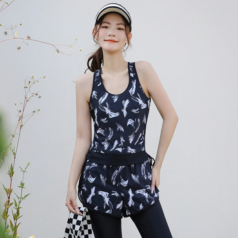 【フィットネス水着5点セット】レディース 体型カバー 長袖 ラッシュガード タンキニ 短パン レギンス セパレート 大きいサイズ 20/30/40/50代 ミセス 黒  無地 小胸 盛れる 二の腕/お腹/太もも/お尻 露出控えめ 女子 ママ水着 ぽっちゃり お洒落 UVカット率99% UPF50+
