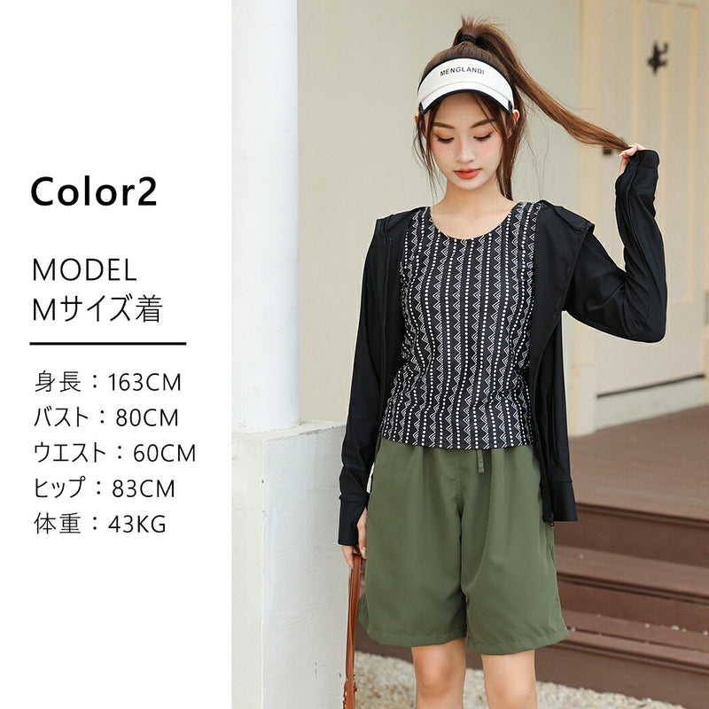 【タンキニ水着4点セット】レディース 体型カバー 長袖 ラッシュガード フード付 セパレート 大きいサイズ 20/30/40/50代 ミセス ショートパンツ 黒 シンプル 無地 小胸 盛れる 二の腕/お腹/太もも/お尻 露出控えめ 女子 ママ水着 ぽっちゃり お洒落 UVカット率99% UPF50+