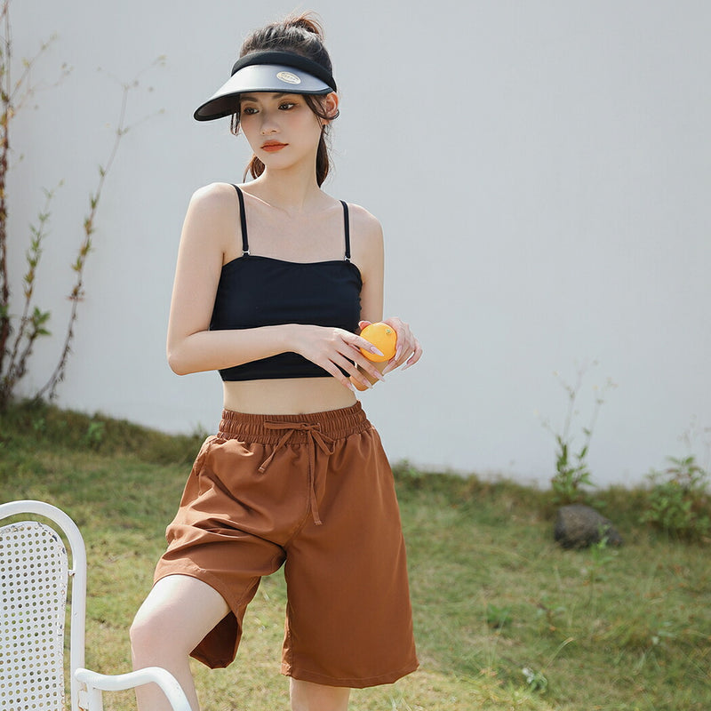 【タンキニ水着4点セット】レディース 体型カバー 長袖シャツ ラッシュガード セパレート ビキニ 大きいサイズ 20/30/40/50代 ミセス ハーフパンツ ビスチェ風 黒 無地 小胸 盛れる 二の腕/お腹/太もも/お尻 露出控えめ 女子 ママ ぽっちゃり お洒落 UVカット率99% UPF50+