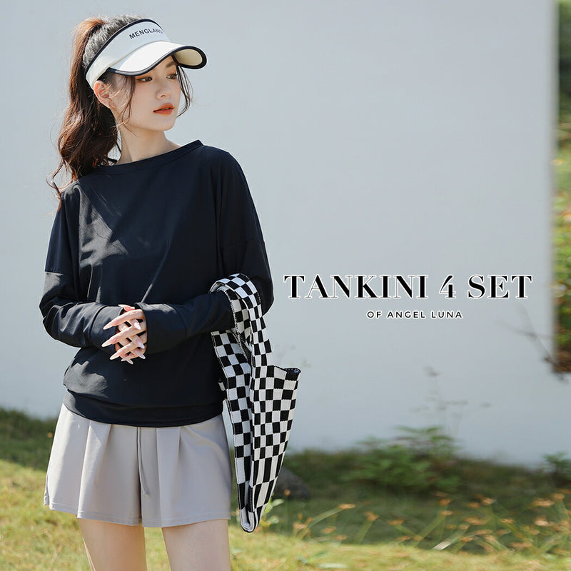 【タンキニ水着4点セット】レディース 体型カバー 長袖シャツ ラッシュガード セパレート ビキニ 大きいサイズ 20/30/40/50代 ミセス ショートパンツ ビスチェ風 黒 無地 小胸 盛れる 二の腕/お腹/太もも/お尻 露出控えめ 女子 ママ ぽっちゃり お洒落 UVカット率99% UPF50+