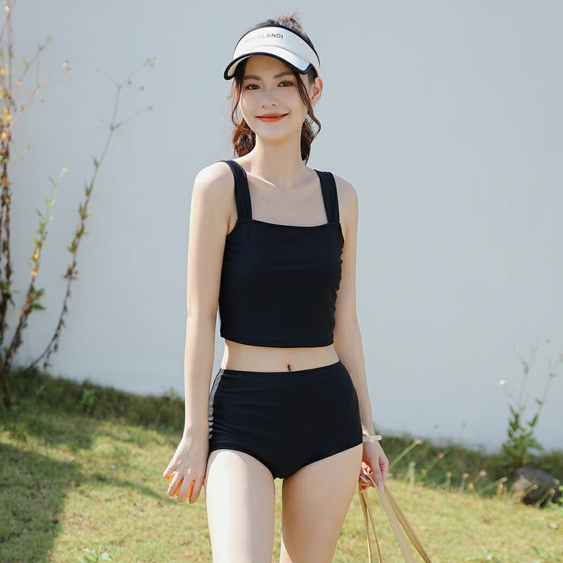 【タンキニ水着4点セット】レディース 体型カバー 長袖シャツ ラッシュガード セパレート ビキニ 大きいサイズ 20/30/40/50代 ミセス ショートパンツ ビスチェ風 黒 無地 小胸 盛れる 二の腕/お腹/太もも/お尻 露出控えめ 女子 ママ ぽっちゃり お洒落 UVカット率99% UPF50+