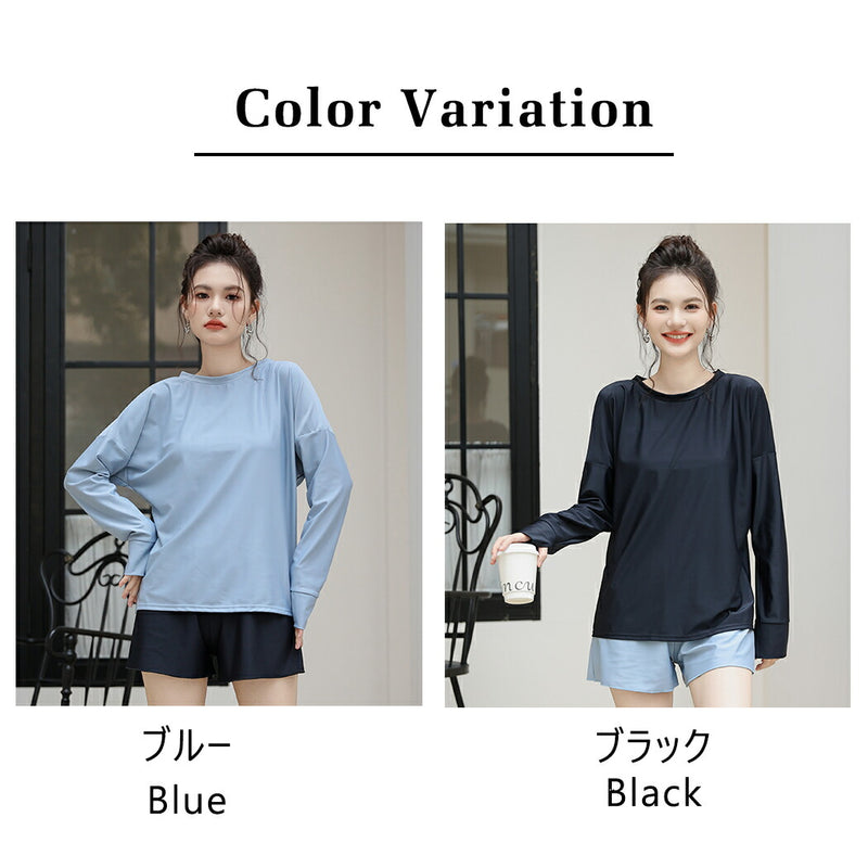 【タンキニ水着4点セット】レディース 体型カバー 長袖シャツ ラッシュガード セパレート ビキニ 大きいサイズ 20/30/40/50代 ミセス ショートパンツ ビスチェ風 黒 無地 小胸 盛れる 二の腕/お腹/太もも/お尻 露出控えめ 女子 ママ ぽっちゃり お洒落 UVカット率99% UPF50+