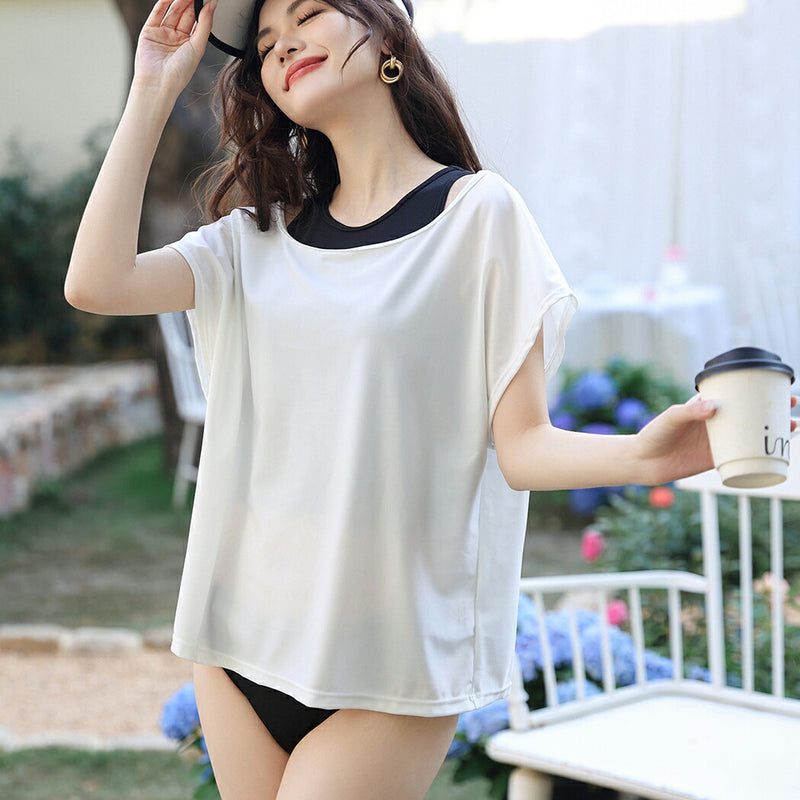 マラソン限定クーポンで3180円【タンキニ水着5点セット】レディース 体型カバー Tシャツ ラッシュガード セパレート タンクトップ 短パン カチューム 袖 大きいサイズ 20/30/40/50代 ミセス 無地 小胸 盛れる 二の腕/お腹/太もも/お尻 露出控えめ 女子 ママ ぽっちゃり
