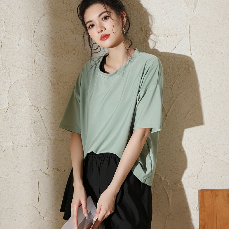 【タンキニ水着4点セット】レディース 体型カバー Tシャツ ラッシュガード 袖 セパレート ビキニ トップス Vカットネック ショートパンツ 大きいサイズ 20/30/40/50代 黒 無地 小胸 盛れる 二の腕/お腹/太もも/お尻 露出控えめ 女子 ママ ぽっちゃり お洒落 UPF50+