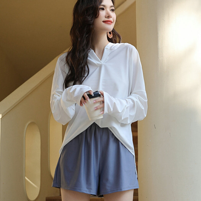 【ラッシュガード水着2点セット】レディース 体型カバー 長袖 ロングTシャツ アウター 帽子フード付き ショートパンツ 短パン セパレート 大きいサイズ 20/30/40/50代 ミセス 無地 二の腕/お腹/太もも/お尻 露出控えめ 女子 ママ ぽっちゃり お洒落 UPF50+