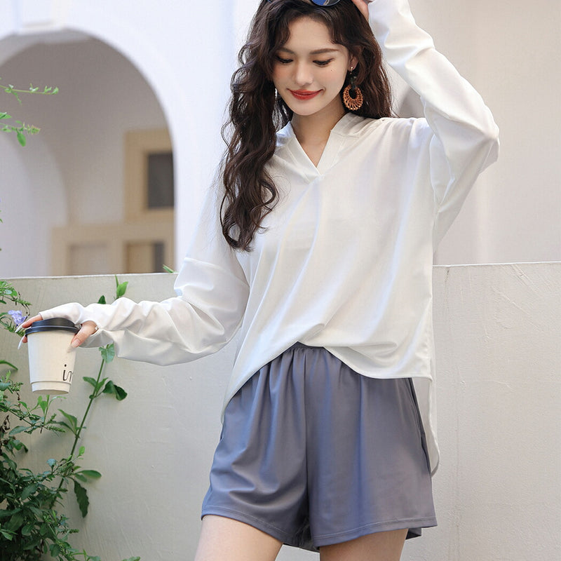 【ラッシュガード水着2点セット】レディース 体型カバー 長袖 ロングTシャツ アウター 帽子フード付き ショートパンツ 短パン セパレート 大きいサイズ 20/30/40/50代 ミセス 無地 二の腕/お腹/太もも/お尻 露出控えめ 女子 ママ ぽっちゃり お洒落 UPF50+