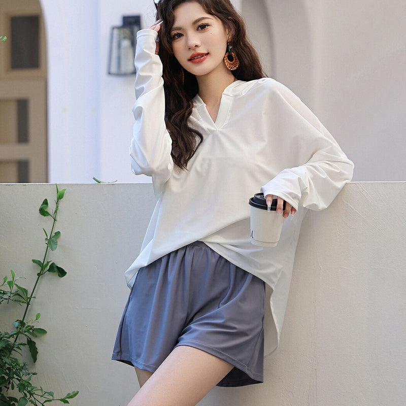【ラッシュガード水着2点セット】レディース 体型カバー 長袖 ロングTシャツ アウター 帽子フード付き ショートパンツ 短パン セパレート 大きいサイズ 20/30/40/50代 ミセス 無地 二の腕/お腹/太もも/お尻 露出控えめ 女子 ママ ぽっちゃり お洒落 UPF50+