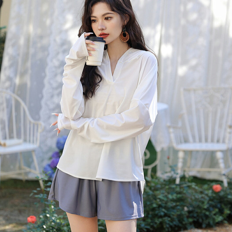 【ラッシュガード水着2点セット】レディース 体型カバー 長袖 ロングTシャツ アウター 帽子フード付き ショートパンツ 短パン セパレート 大きいサイズ 20/30/40/50代 ミセス 無地 二の腕/お腹/太もも/お尻 露出控えめ 女子 ママ ぽっちゃり お洒落 UPF50+