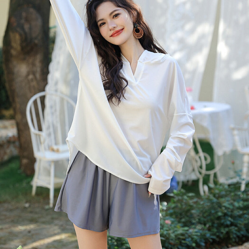 【ラッシュガード水着2点セット】レディース 体型カバー 長袖 ロングTシャツ アウター 帽子フード付き ショートパンツ 短パン セパレート 大きいサイズ 20/30/40/50代 ミセス 無地 二の腕/お腹/太もも/お尻 露出控えめ 女子 ママ ぽっちゃり お洒落 UPF50+