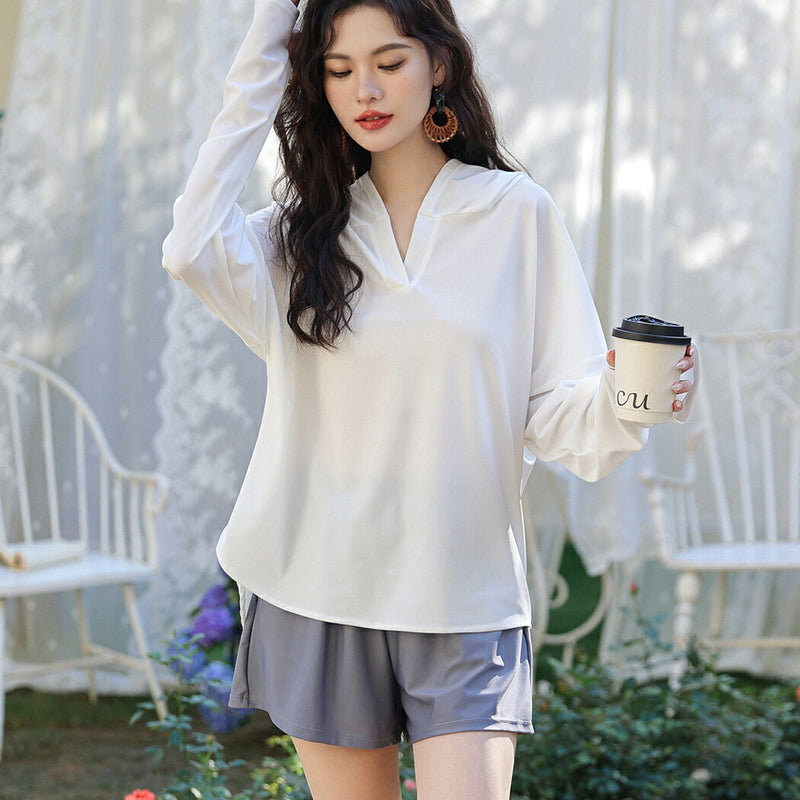 【ラッシュガード水着2点セット】レディース 体型カバー 長袖 ロングTシャツ アウター 帽子フード付き ショートパンツ 短パン セパレート 大きいサイズ 20/30/40/50代 ミセス 無地 二の腕/お腹/太もも/お尻 露出控えめ 女子 ママ ぽっちゃり お洒落 UPF50+