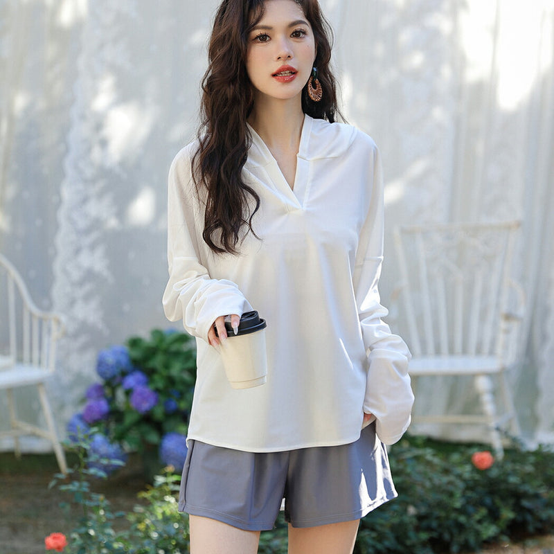 【ラッシュガード水着2点セット】レディース 体型カバー 長袖 ロングTシャツ アウター 帽子フード付き ショートパンツ 短パン セパレート 大きいサイズ 20/30/40/50代 ミセス 無地 二の腕/お腹/太もも/お尻 露出控えめ 女子 ママ ぽっちゃり お洒落 UPF50+