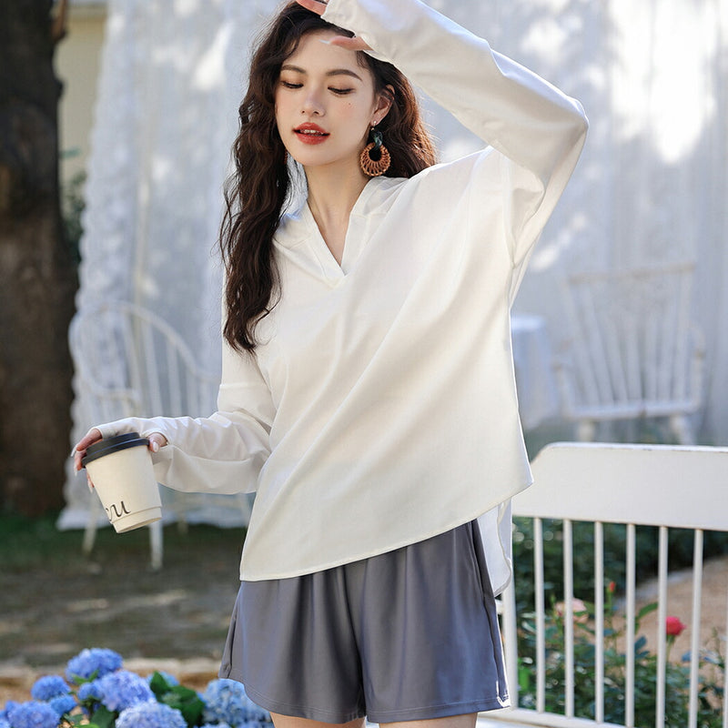 【ラッシュガード水着2点セット】レディース 体型カバー 長袖 ロングTシャツ アウター 帽子フード付き ショートパンツ 短パン セパレート 大きいサイズ 20/30/40/50代 ミセス 無地 二の腕/お腹/太もも/お尻 露出控えめ 女子 ママ ぽっちゃり お洒落 UPF50+