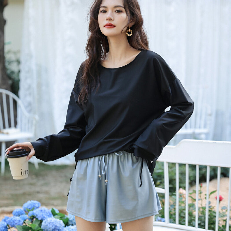 【ラッシュガード】レディース 水着 体型カバー 長袖 ロングTシャツ アウター  ゆったり オーバーサイズ サイドギャザー 20/30/40/50代 黒 無地 二の腕/お腹/太もも/お尻 露出控えめ 女子 ママ ぽっちゃり お洒落 UVカット率99% UPF50+ 水陸両用
