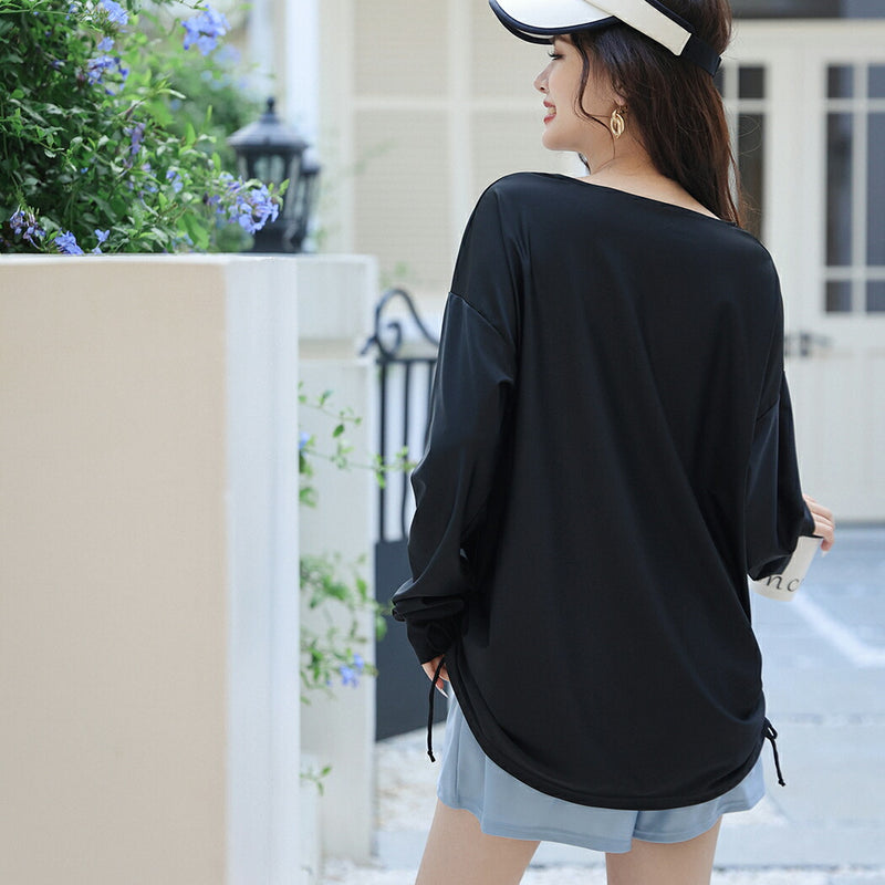 【ラッシュガード】レディース 水着 体型カバー 長袖 ロングTシャツ アウター  ゆったり オーバーサイズ サイドギャザー 20/30/40/50代 黒 無地 二の腕/お腹/太もも/お尻 露出控えめ 女子 ママ ぽっちゃり お洒落 UVカット率99% UPF50+ 水陸両用