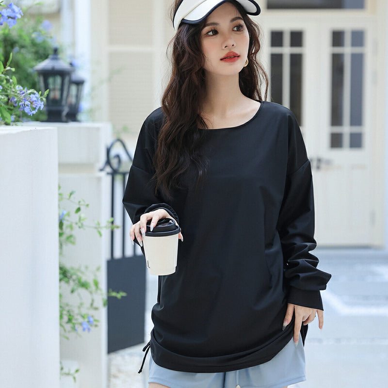 【ラッシュガード】レディース 水着 体型カバー 長袖 ロングTシャツ アウター  ゆったり オーバーサイズ サイドギャザー 20/30/40/50代 黒 無地 二の腕/お腹/太もも/お尻 露出控えめ 女子 ママ ぽっちゃり お洒落 UVカット率99% UPF50+ 水陸両用
