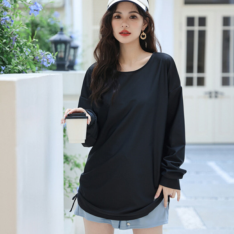 【ラッシュガード】レディース 水着 体型カバー 長袖 ロングTシャツ アウター  ゆったり オーバーサイズ サイドギャザー 20/30/40/50代 黒 無地 二の腕/お腹/太もも/お尻 露出控えめ 女子 ママ ぽっちゃり お洒落 UVカット率99% UPF50+ 水陸両用