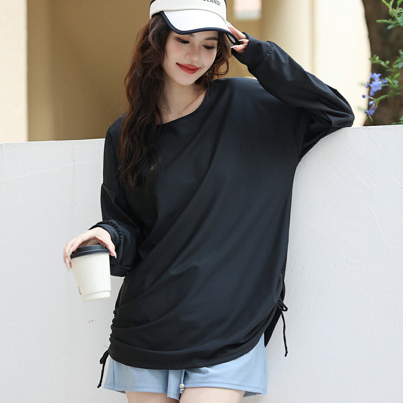【ラッシュガード】レディース 水着 体型カバー 長袖 ロングTシャツ アウター  ゆったり オーバーサイズ サイドギャザー 20/30/40/50代 黒 無地 二の腕/お腹/太もも/お尻 露出控えめ 女子 ママ ぽっちゃり お洒落 UVカット率99% UPF50+ 水陸両用