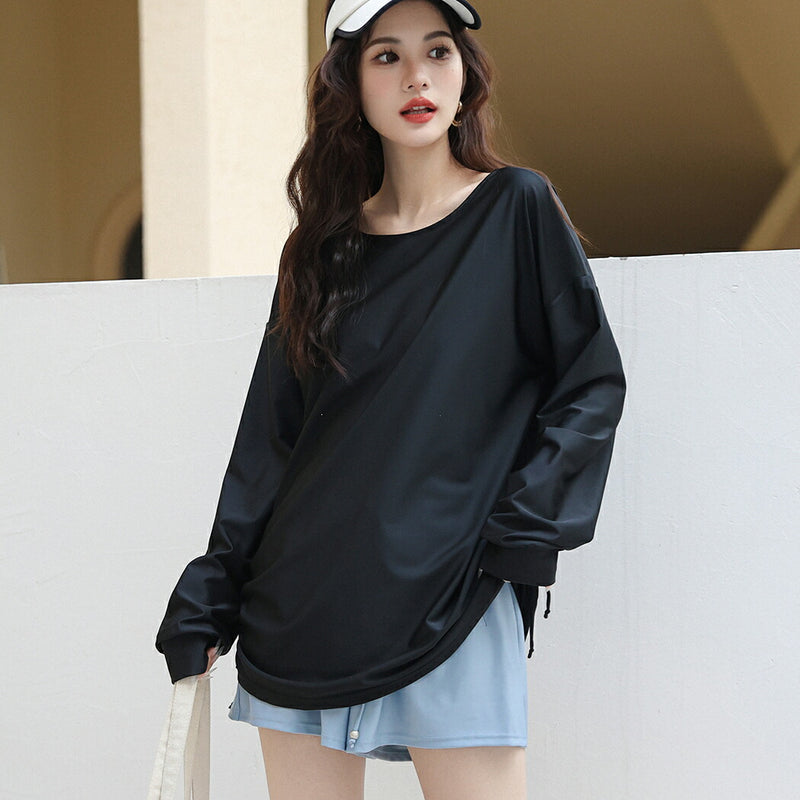 【ラッシュガード】レディース 水着 体型カバー 長袖 ロングTシャツ アウター  ゆったり オーバーサイズ サイドギャザー 20/30/40/50代 黒 無地 二の腕/お腹/太もも/お尻 露出控えめ 女子 ママ ぽっちゃり お洒落 UVカット率99% UPF50+ 水陸両用