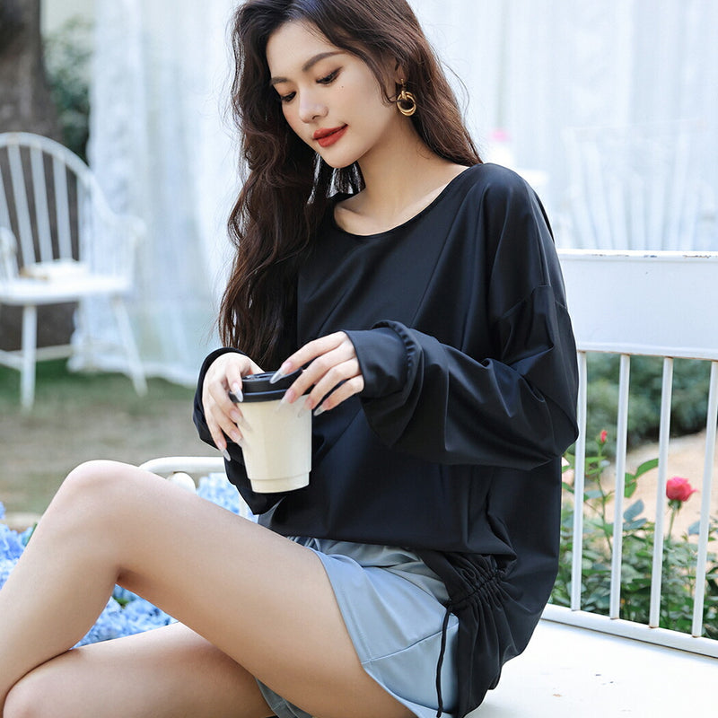 【ラッシュガード】レディース 水着 体型カバー 長袖 ロングTシャツ アウター  ゆったり オーバーサイズ サイドギャザー 20/30/40/50代 黒 無地 二の腕/お腹/太もも/お尻 露出控えめ 女子 ママ ぽっちゃり お洒落 UVカット率99% UPF50+ 水陸両用