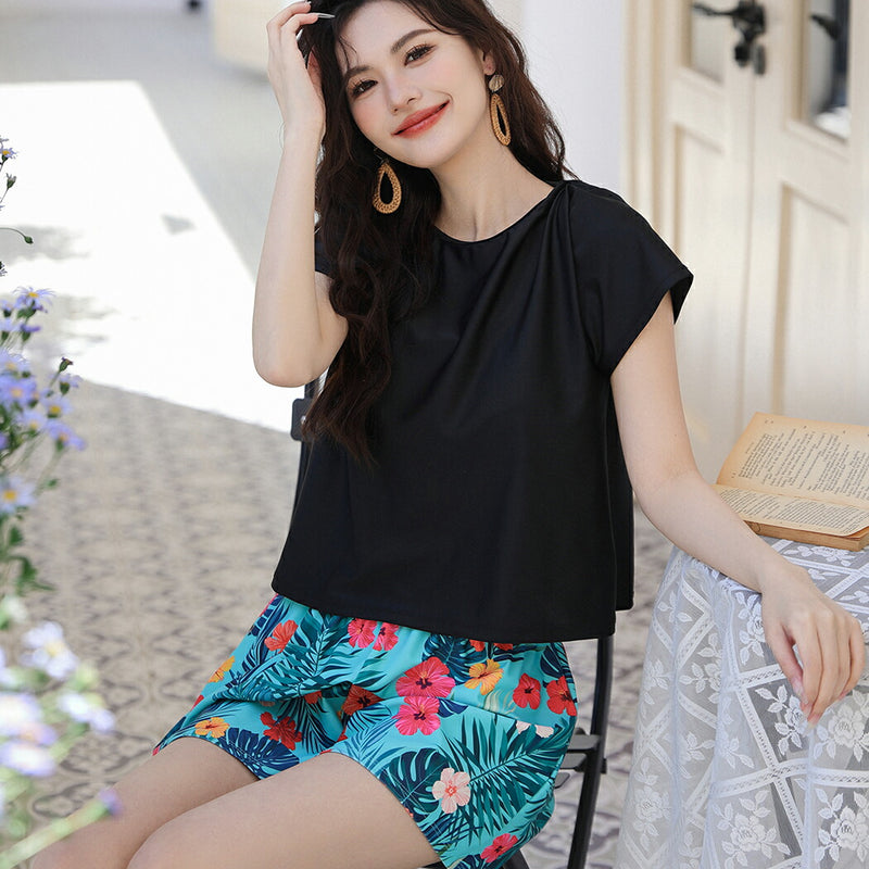 【タンキニ水着2点セット】レディース 体型カバー 袖付き Tシャツ ラッシュガード ブラ内蔵 ショートパンツ 短パン 上下 セパレート 大きいサイズ シンプル 無地 小胸 盛れる お腹/太もも/お尻 露出控えめ 女子 ママ ぽっちゃり お洒落 セクシー かわいい 可愛い