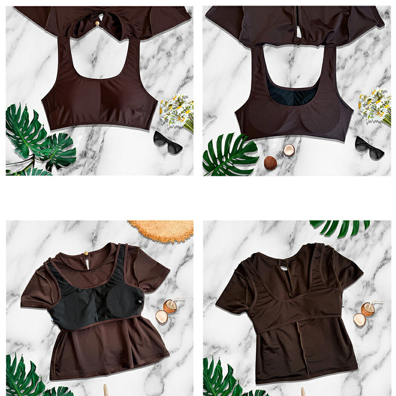 【タンキニ水着2点セット】レディース 体型カバー 袖付き Tシャツ ラッシュガード ブラ内蔵 ショートパンツ 短パン 上下 セパレート 大きいサイズ シンプル 無地 小胸 盛れる お腹/太もも/お尻 露出控えめ 女子 ママ ぽっちゃり お洒落 セクシー かわいい 可愛い