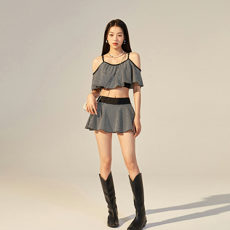 【2点セットビキニ水着】水着 レディース ビキニ 上下2点セット オフショルダー 2Way セパレート フレアトップス スカート  シンプル 大人 女性用 黒 ハイウエスト ドット柄 ノンワイヤー 小胸水着 お洒落 かわいい セクシー 露出控え ビーチ UPF50+
