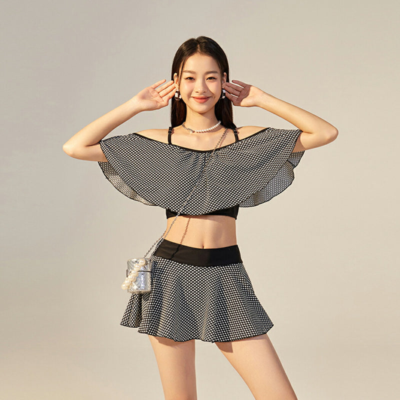 【2点セットビキニ水着】水着 レディース ビキニ 上下2点セット オフショルダー 2Way セパレート フレアトップス スカート  シンプル 大人 女性用 黒 ハイウエスト ドット柄 ノンワイヤー 小胸水着 お洒落 かわいい セクシー 露出控え ビーチ UPF50+